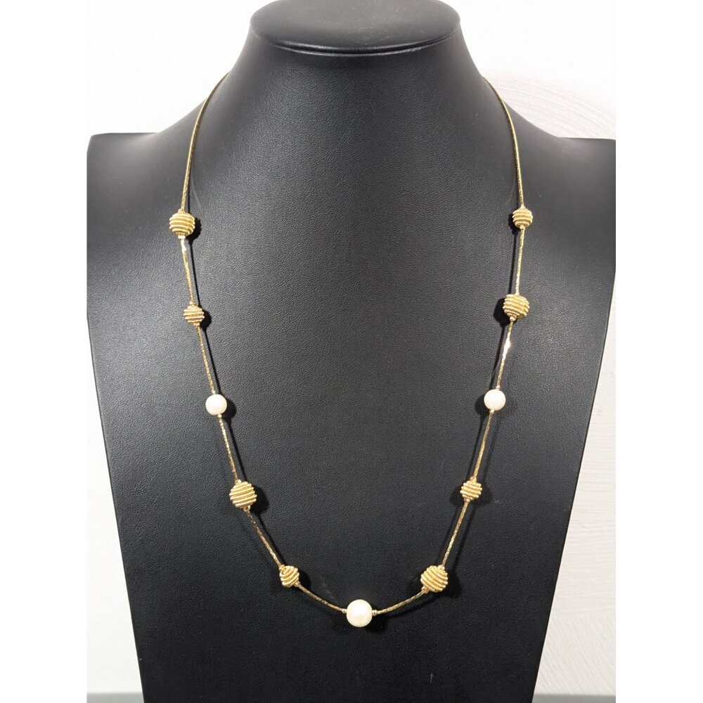 Vintage Gold Tone Coil Bead Faux Pearl Station Chain necklace Classic 24"